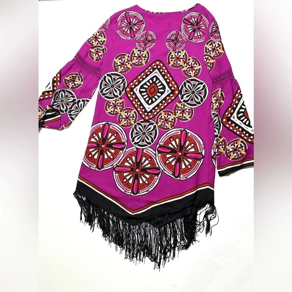 Anthropologie Chelsea & Violet Purple and Multicolor Tunic Dress w/ Fringe Sz M - Picture 8 of 8